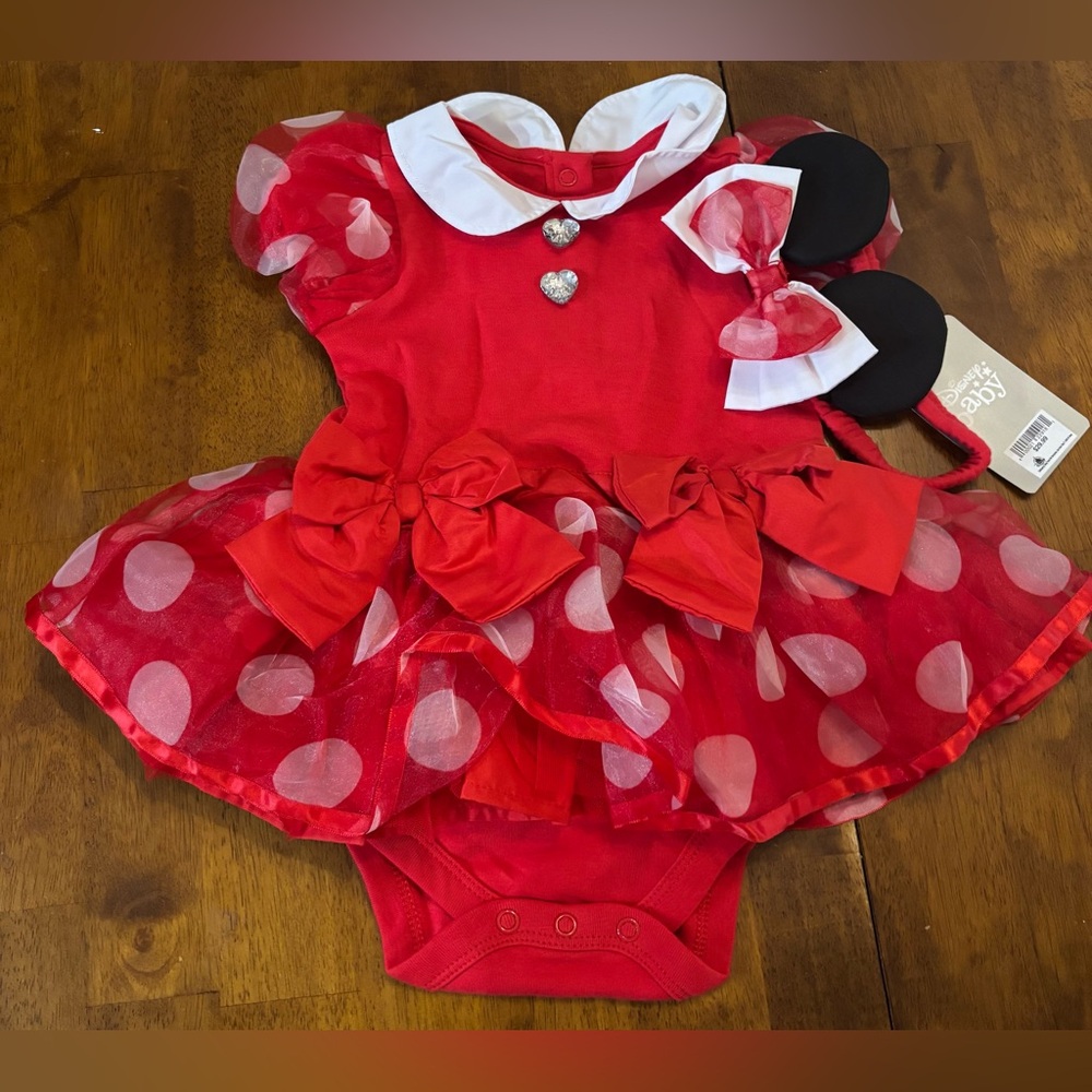 NWT Disney Park Minnie Mouse RED Baby Bodysuit Costume & 3D Ears Headband SET